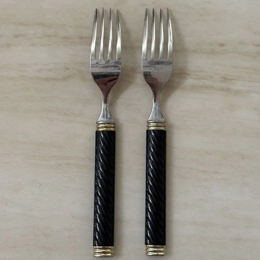 25pc MIKASA Braid-Onyx Laslo Flatware Set Black HDL Metallics Gold Acc., Stnls